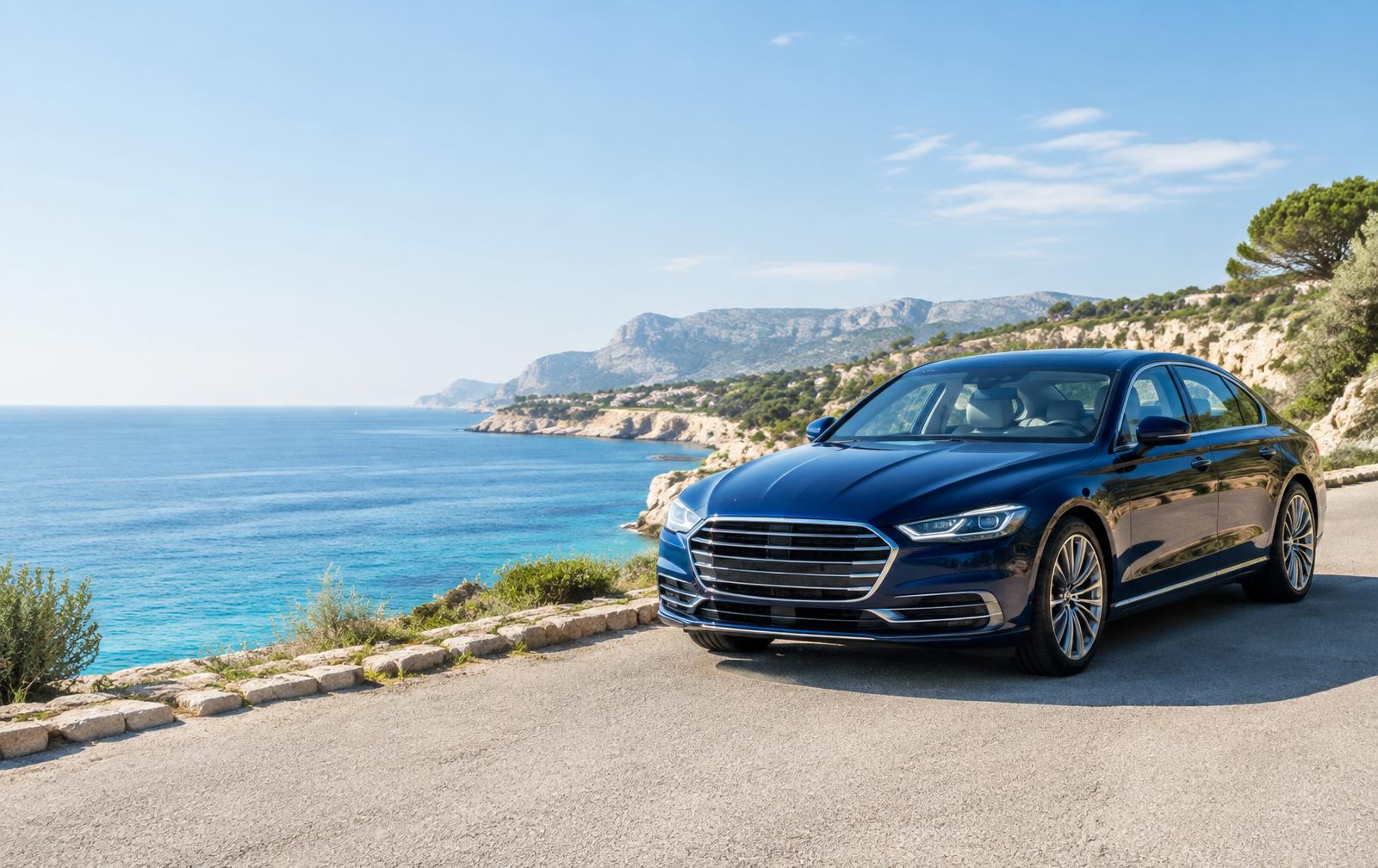 Berline bleue avec chauffeur privé sur une route de la côte méditerranéenne